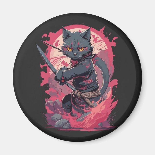 Cute Fire Stänk Black Ninja Cat Warrior Magnet (Framsidan)