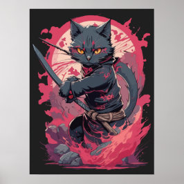 Cute Fire Stänk Black Ninja Cat Warrior Poster