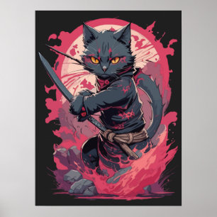 Cute Fire Stänk Black Ninja Cat Warrior Poster