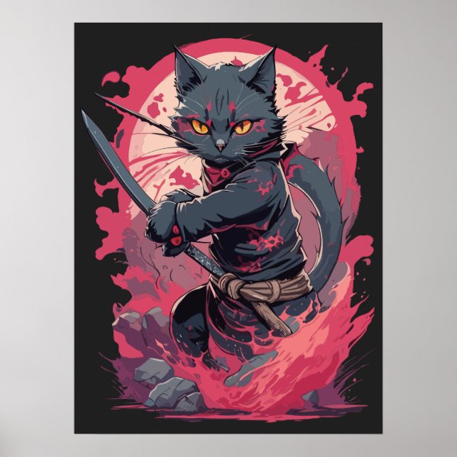Cute Fire Stänk Black Ninja Cat Warrior Poster (Framsidan)