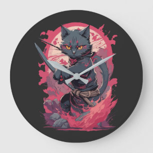 Cute Fire Stänk Black Ninja Cat Warrior Stor Klocka