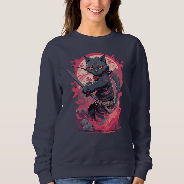 Cute Fire Stänk Black Ninja Cat Warrior T Shirt (Framsida)