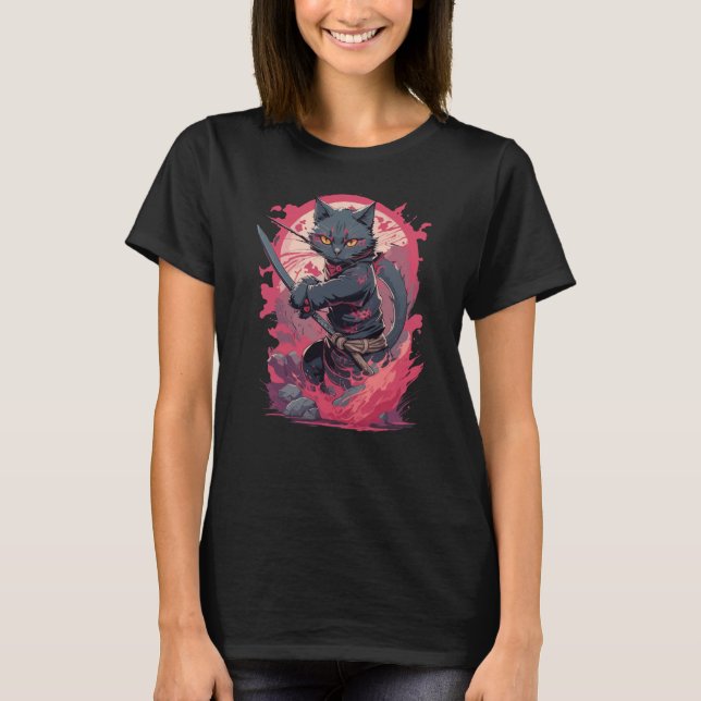Cute Fire Stänk Black Ninja Cat Warrior T Shirt (Framsida)