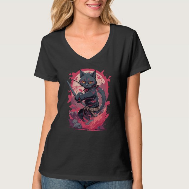 Cute Fire Stänk Black Ninja Cat Warrior T Shirt (Framsida)