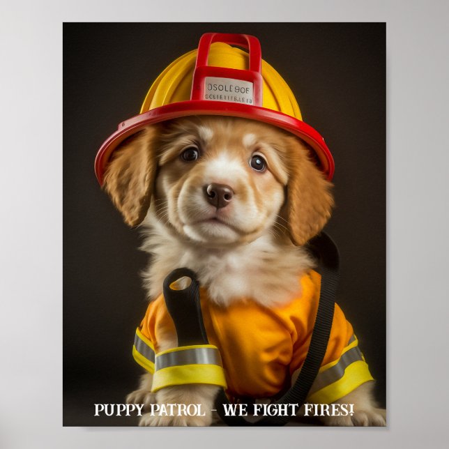 Cute Firefighter Puppy Poster eller avböjer Papper (Framsidan)