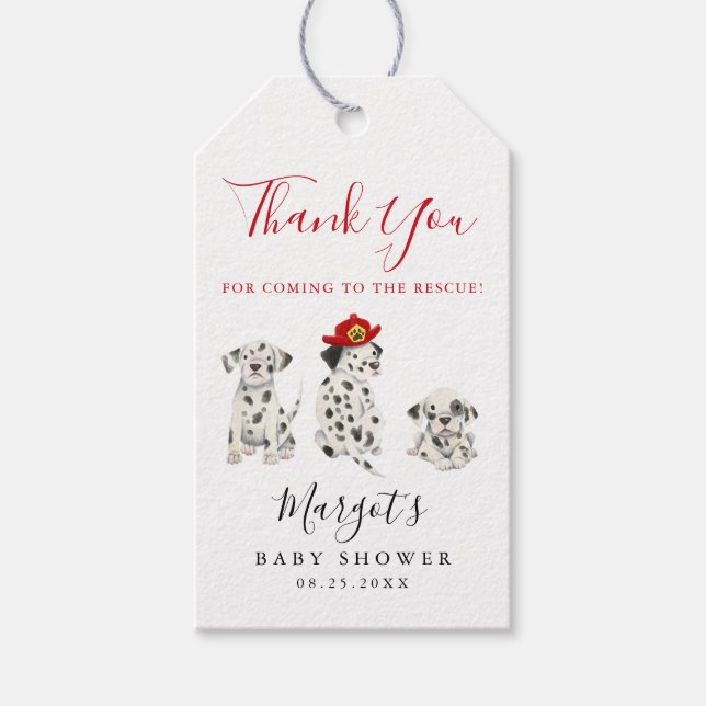 Cute Fireman Puppy Baby Shower Presentetikett (Framsidan)