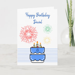 Cute Fireworks och Cake Blue Boy 8th Birgday Kort