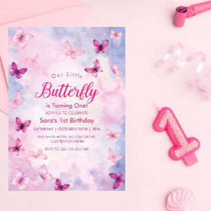 Cute First 1st Birday Rosa Butterflies Party Inbjudningar