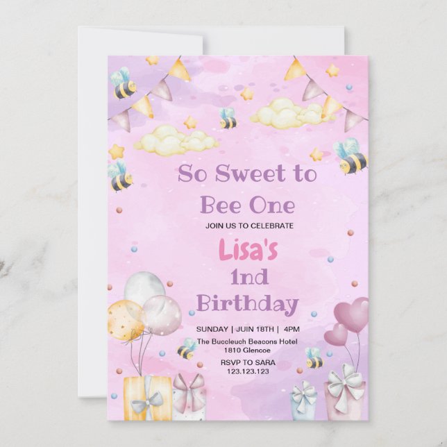Cute First 1st Birthday honey Sweet Bee Purpule Inbjudningar (Framsida)