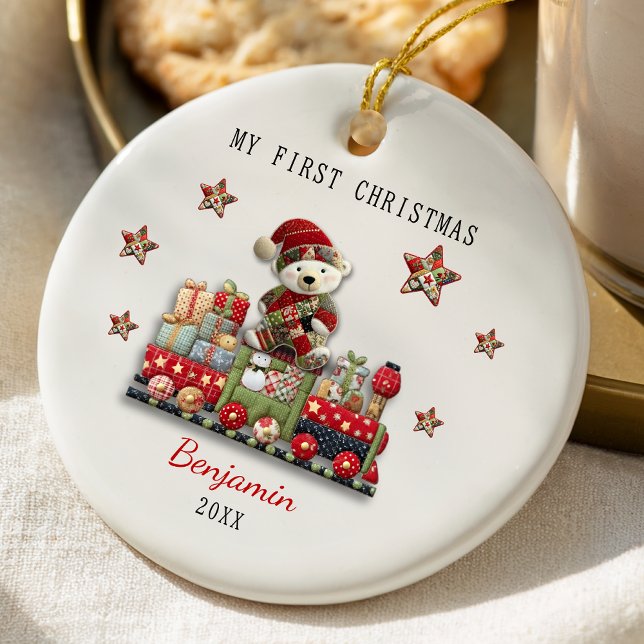 Cute first baby Christmas patchwork bear train Julgransprydnad Keramik (Skapare uppladdad)