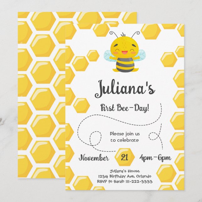 Cute First Bee Day Birthday-inbjudan Inbjudningar (Fram/baksida)