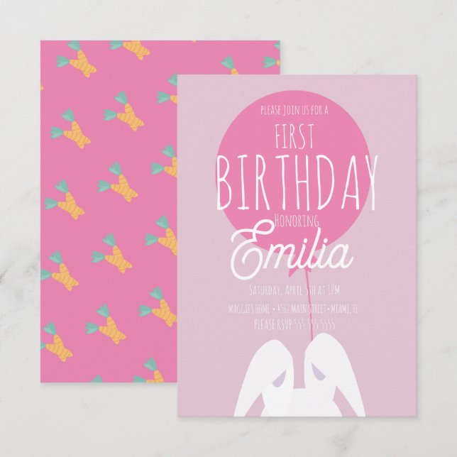 Cute First Birthday Bunny Party-inbjudan Inbjudningar (Fram/baksida)
