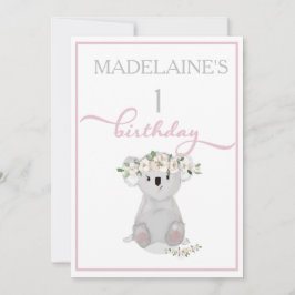 Cute First Birthday Koala Blommigt Rosa Inbjudningar