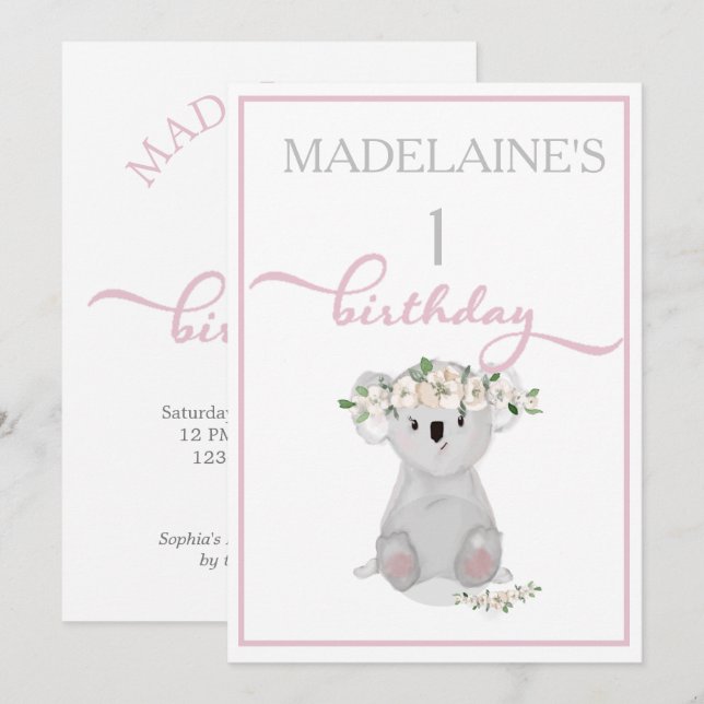 Cute First Birthday Koala Blommigt Rosa Inbjudningar (Fram/baksida)