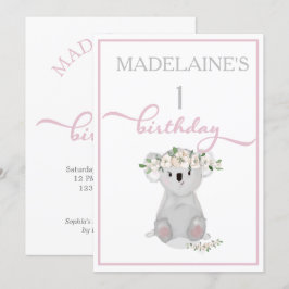 Cute First Birthday Koala Blommigt Rosa Inbjudningar