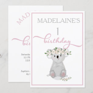 Cute First Birthday Koala Blommigt Rosa Inbjudningar