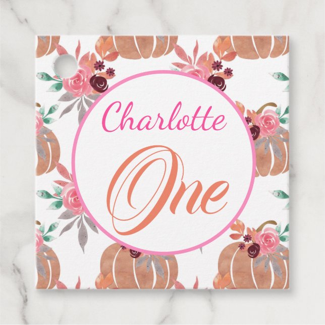 Cute First Birthday One Fall Autumn Blommigt Pumpk Gåvor Etiketter (Framsida)