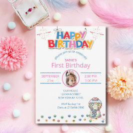 Cute First Birthday Photo Colorful Gumball Inbjudningar