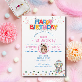 Cute First Birthday Photo Colorful Gumball Inbjudningar