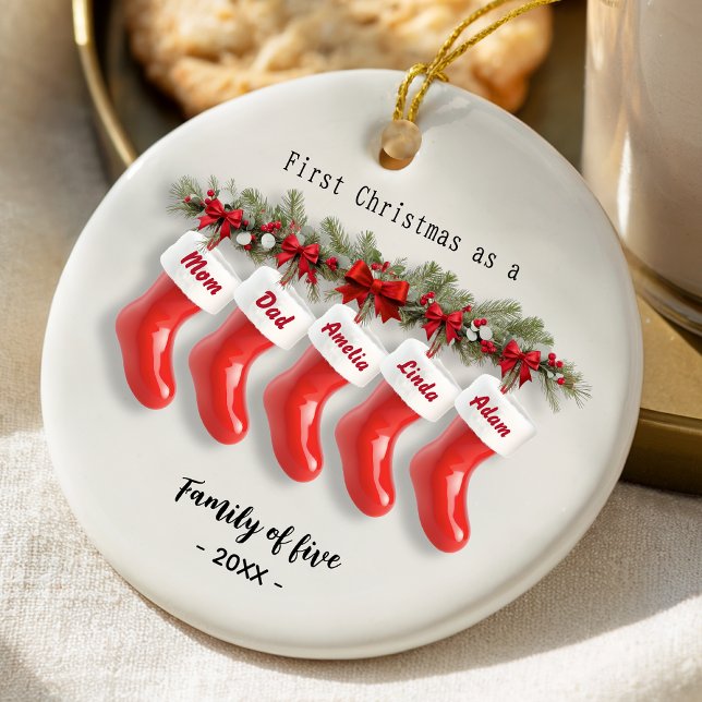Cute first Christmas family of five red stockings Julgransprydnad Keramik (Skapare uppladdad)