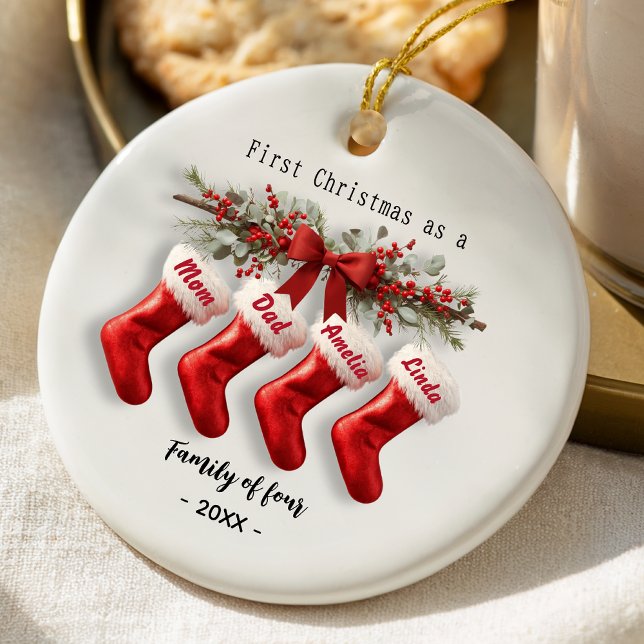 Cute first Christmas family of four stockings Julgransprydnad Keramik (Skapare uppladdad)