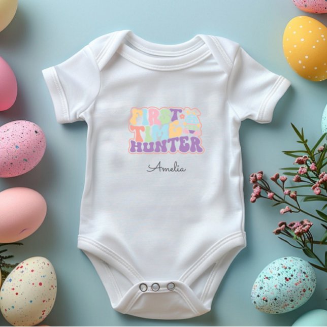 Cute First Hunter Påskägg Hunt T Shirt (Cute First Time Hunter 1st Easter Egg Hunt Bodysuit or Tshirt, Bunny Ears, Retro Pastel Personalized)