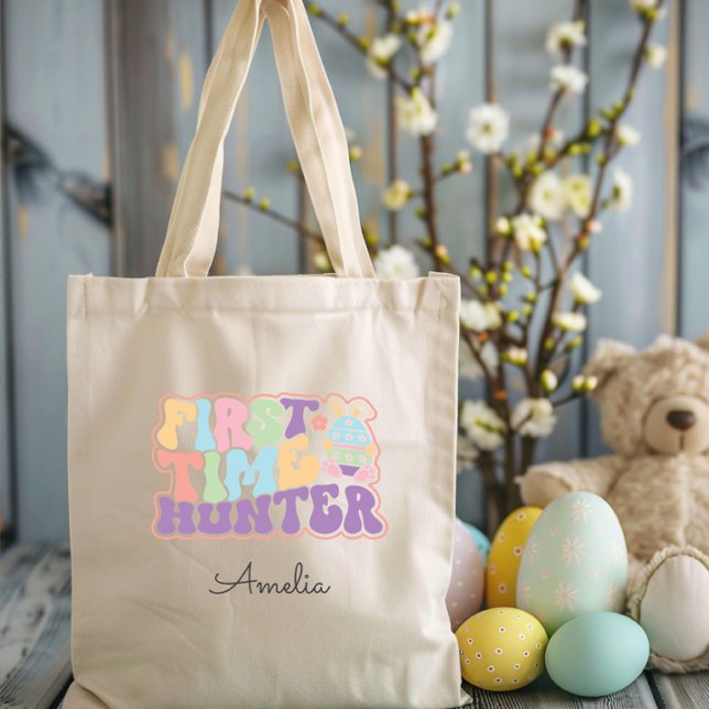 Cute First Hunter Påskägg Hunt Tote Bag Tygkasse (Cute First Time Hunter 1st Easter Egg Hunt Tote Bag, Bunny Ears, Retro Pastel Personalized, Colorful)