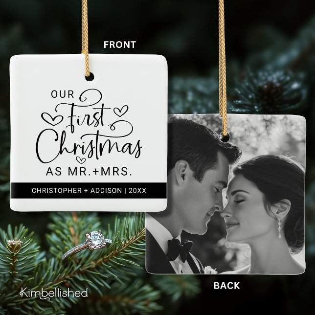 Cute First jul, mrs Photo jul Julgransprydnad Keramik (Front + Back on Ceramic Square Ornament)