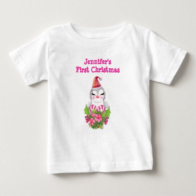 Cute First jul Penguin i Santa Hat T Shirt (Framsida)