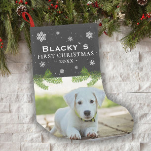 Cute First jul Puppy Photo Gräs Snowflake Liten Julstrumpa