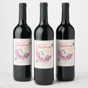 Cute First jul som Mamma & pappa Rosa Penguin Vinflaska Etikett
