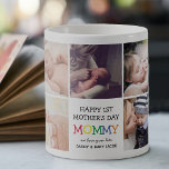 Cute First Mors dag Mamma| Fotokollage Kaffemugg<br><div class="desc">Skapa din speciella första Mors dag-gåva med det här söta fotokaffet mugg. Med 9 kvadratiska bilder och texten "Lycklig 1:a Mors dag",  MAMMAN ord i ljust färgat brev,  när vi kärlek talar och namn.</div>