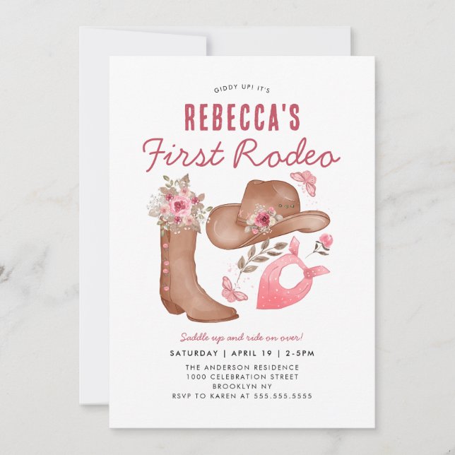 Cute First Rodeo Land Rosa Cowgirl 1:a Birthday Inbjudningar (Framsida)