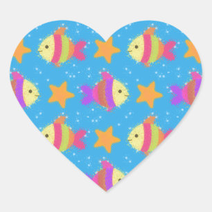 Cute Fish and Starfish Mönster Hjärtformat Klistermärke