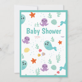 Cute Fish Octopus Mint Grönt Lila Baby Shower Inbjudningar