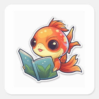 Cute Fish Reading Fyrkantigt Klistermärke