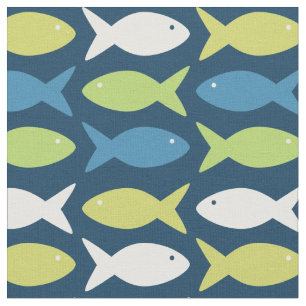 Cute Fish under Sea Nautical Blue Grönt Tyg