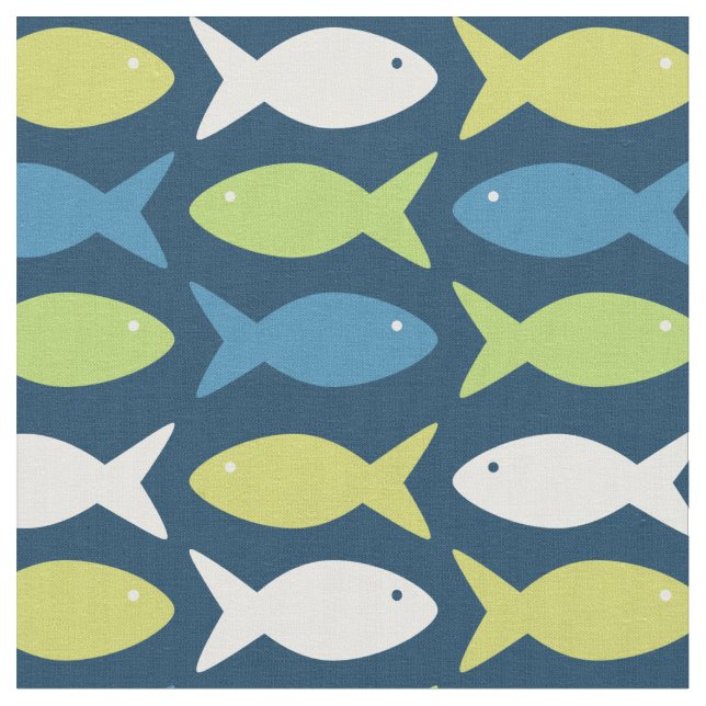 Cute Fish under Sea Nautical Blue Grönt Tyg (Närbild)