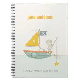 Cute Fishing Bear Star Sailboat Kids Monogram Anteckningsbok
