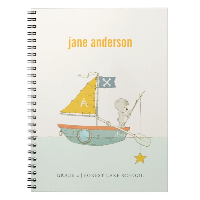 Cute Fishing Bear Star Sailboat Kids Monogram Anteckningsbok (Framsidan)