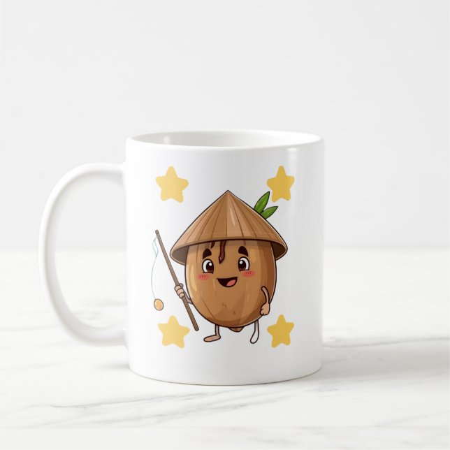 Cute Fishing Coconut with Conical Hat Cartoon Mug Kaffemugg (Vänster)