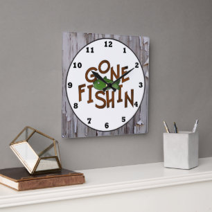 Cute Fishing Kabin ord art fish wall klocka