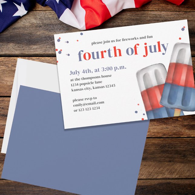 Cute Fjärde juli Popsicle Party Inbjudningar (Fourth of July party invitation with red, white, and blue popsicles. )