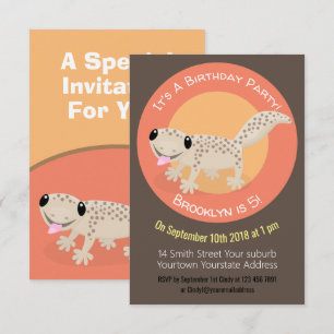 Cute-fläckig tan gecko tecknad illustration invita inbjudningar