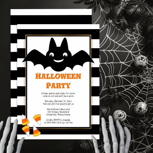 Cute Fladdermus BW Rand Candy corn Halloween fest  Inbjudningar (Cute Bat Black and White Stripes Candy Corn Halloween Party Invitation -- Print | Digital Download)
