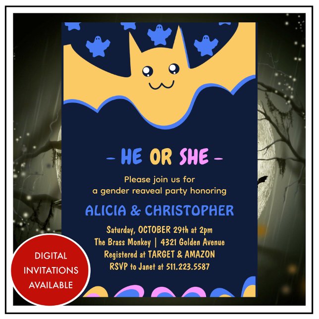 Cute fladdermus Ghost, han eller hon Halloween gen Inbjudningar (Cute-bat-Ghost-He-or-She-Halloween-gender-reveal-Invitation-1)
