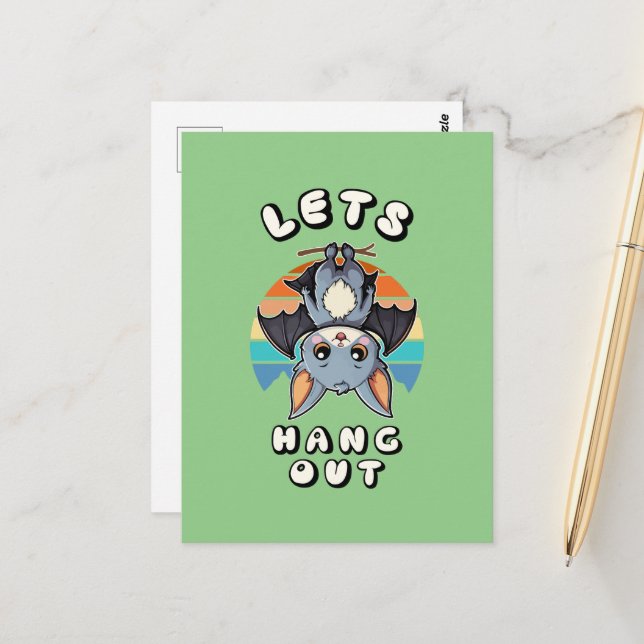 Cute Fladdermus Hanging and Retro Sunset | Låt oss Vykort (Fram/Back In Situ)