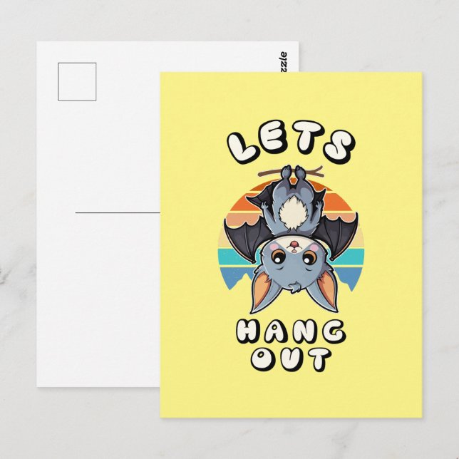 Cute Fladdermus Hanging and Retro Sunset | Låt oss Vykort (Fram/baksida)