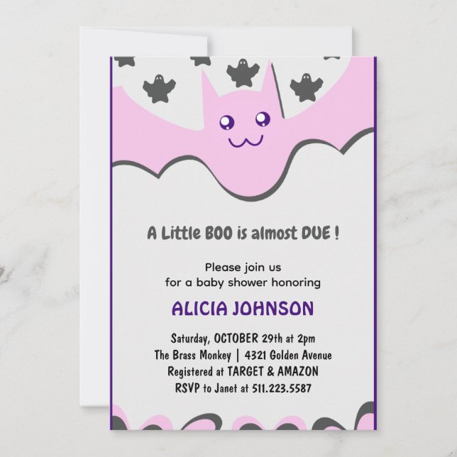 Cute fladdermus Lila Little boo Halloween babydusc Inbjudningar (Framsida)