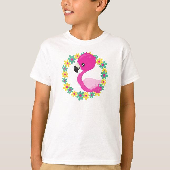 Cute Flamingo, Baby Flamingo, Bird, Flowers T Shirt (Framsida)